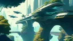 people watching a futuristic ship flying above a utopian metropolis. bridges, roads, balconies, trees, dense foliage, river, pathways, detai...