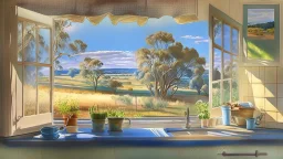 in a romantic artistic style, a view of an australian sunny peaceful view outside kitchen window