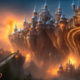 large rollercoasters in hell like castle, theme park, small flying demons in background, 8k