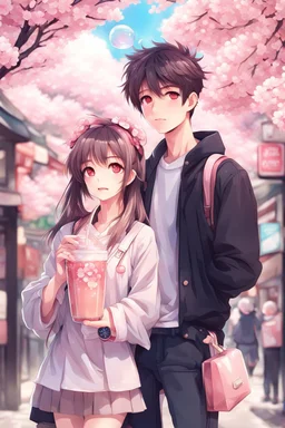 cute anime style, girl holding bubble tea drink, guy holding baguette, sakura blossom background