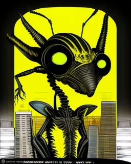 Distorted large yellow insectoid alien black eyes, in a mall, sci-fi art, graphic design, digital illustrated scene, alien art, high strangeness, absurdist, cartoonists