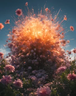 Atomic explosion, made of flowers, ULTRA REALISTIC, details, intricate detail, professional lighting, film lighting, 35mm, anamorphic, lightroom, cinematography, bokeh, lens flare, film grain, hdr10, 8k, Roger Deakins, incredibly detailed, reflect, sharpen