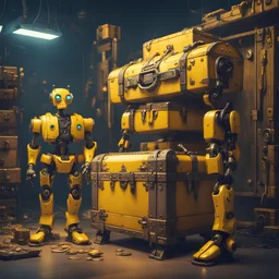 robots standing next to a big treasure chest, cyberpunk style, yellow colors