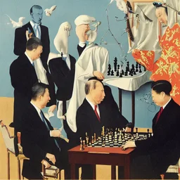 Putin, President Xi Of China And Joe Biden Play Chess With A Pigeon,Ufo,Complex Surgical Instruments,A Newborn Boy,Minimalism,Painting By ,Rene Magritte,Lucian Freud,Adrian Ghenie,Michelangelo,Salvador Dali,Pablo Picasso