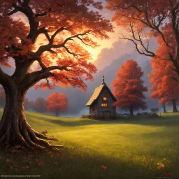 fairytale mood, autumn, dusk, a forest clearing with a lovely cottage, heart shaped tree