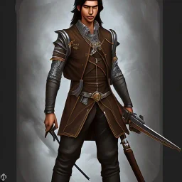 D&D character, male, long black hair, dark tan skin, artificer, gun