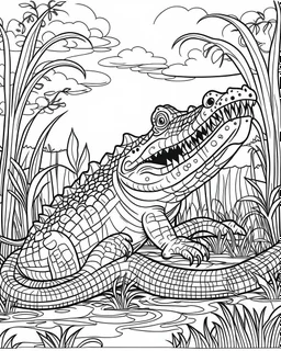 create a 2d black outline, "safari crocodile coloring book for kids ", coloring page, low details design, black contour, coloring page design, simple background, colorful , card style, coloring page for kids, white background, sketch style, cartioon style, safari landscape