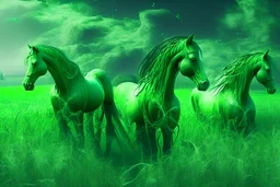 fantasy magical green horses in a field