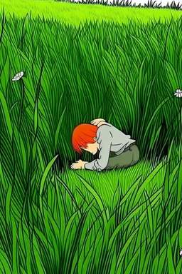 A lonely man is hugging his knees and sleeping in the meadow, cartoon style- anime