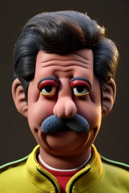 Waist up muppet Portrait, Nicolas maduro us muppet doll, black hair, Venezuelan president, red and yellow tracksuit, mustache, photo studio, background, unreal engine 5, concept art, art station, ray tracing, lumen lighting, ultra detail, volumetric lighting, 3d.