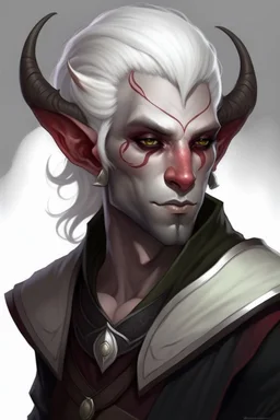 male tiefling blood skin with white hair and white eyes rogue