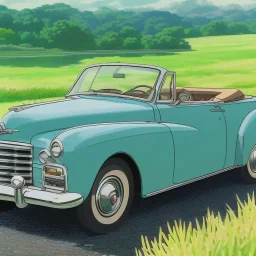 old cabriolet Cadillac front, de côté, metallic blue, in the green countryside with a beautiful blue sky