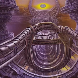 biomorphic alien city with lighting, foto-realistic,TG, 8k, art by HR Giger and M.C. Escher.