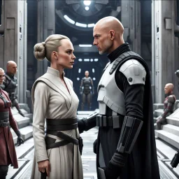 a bold and heroic bald male Corellian pilot in black and grey First Order special forces gear meets a female Jedi Master in ancient, mystical temple, hyperdetailed, dynamic lighting, hyperdetailed background, 8k resolution, volumetric lighting, light skin, fully symmetric details