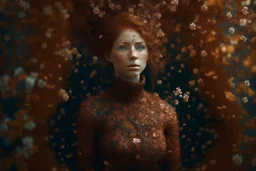 "Young woman covered in tiny copper flowers emerging from a tree, detailed matte painting, deep colour, fantastical, intricate detail