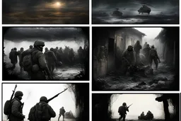 Masterpiece1:5)(Fineart), (award-winning:1.5), highest quality, (ultra realism:1.5) digital painting (by Alex Howitt, Bess Hamiti, Guy Aroch:1.8)),(Eastern Ukraine:(panel one:the moment after a battle ends, horrors of war, wounded men),(2nd panel, cinematic shot of men sitting in trench with 1000 yard stare (focus on their eyes:1.5)),(the third panel shows troops tired but hyper alert), (the fourth panel shows the sky is filled with incessant, fire and smoke everywhere,)