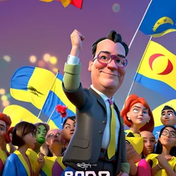 Create a Pixar-style 3D movie poster with Gustavo Petro, president of Colombia happy and surrounded by women, men and Colombian flags, with the title: "The President", ultra quality, hyper-detailed, maximalist, 8k