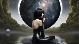 fantasy photo of a woman with black hair, sitting on a ledge over a pond, wearing an android-looking catsuit, sideways, with a planet behind her head