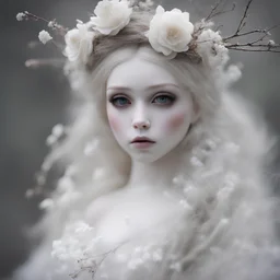 a close up of a doll with a flower in her hair, a portrait, by Marie Angel, tumblr, beautiful elegant dryad, ivory make up, sad look, sakimichan frank franzzeta, crowned, white head, 2 0 2 4, retro and ethereal, twigs, shot with Sony Alpha a9 Il and Sony FE 200-600mm f/5.6-6.3 G OSS lens, natural light, hyper realistic photograph, ultra detailed -ar 3:2 -q 2 -s 750