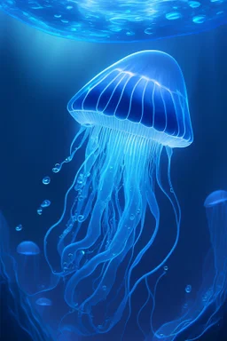 Cartoon Electric blue jelly fish swimming in the deep blue ocean making it glow up, 4k, HDR, concept art, highly detailed, soft lighting, artstation, award winning, art by Rene Magritte and George Luks and Adam Miller and Tom Bagshaw
