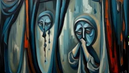 abstract painting, Melancholy with a hand mirror, a mysterious pair of eyes watching him from behind the curtain, bizarre, darkmood