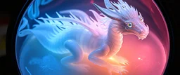 The image depicts a fantastical duck snow soup, specifically a transparent dragon lich with neon flash aura, with a unique and whimsical appearance. The dragon is positioned in a circular frame, which suggests it might be inside a container or a vessel. The dragon's body is elongated and has a segmented appearance, with a detailed texture that gives it a realistic look. Its head is covered with white, spiky hair, adding to its fantastical charm. From the weird dragon lab.