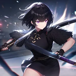 Clear focus,High resolution, Black short fluffy hair, and purple eyes, wearing a black outfit, must wear a short skirt, holding a glowing katana, fighting stance