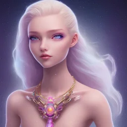 cosmic petit prince belle fine, profil de trois quart, grand front cosmique, peau bleu cristalline, yeux bleu, perle sur le front long cheveux blond et rose etoilé, cristaux sur le corps, collier de grande princesse, levres souriante, très jolie sourire