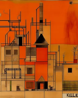 An orange colored mechanical factory with arrows painted by Paul Klee