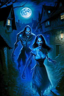 a very thin male glowing blue ghost werewolf lurks through a medieval village at night, hunting a human woman with dark hair. The woman s wearing make-up.