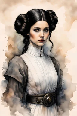 Jean-Baptiste Monge style 19th century hand drawn full body portrait dark gothic fantasy illustration of a young princess leia from star wars, with highly detailed facial features , drawings, 8k, vibrant natural colors, otherworldly and fantastic, ink wash and watercolor