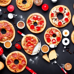 Pizza, hamburger, coca-cola, donut, coffee, black background