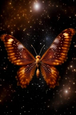 A light luminous brown butterfly in a galaxy of stars in space