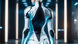 picture from behind the human android female with short white hair, white albino skin , she wearing black-silver-white colors futuristic fashion cloths, sje walking in high-tech futuristic office, sci-fi mood, ultra detailed, high contrast, Professional photography