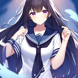 Clear focus, High resolution, Black long hair, fluffy hair, purple eyes, wearing a sailor uniform, rough line