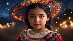 little very young mexican girl, beautiful, peaceful, gentle, confident, calm, wise, happy, facing camera, head and shoulders, traditional Mexican costume, perfect eyes, exquisite composition, night scene, fireflies, stars, mountain view, beautiful intricate insanely detailed octane render, 8k artistic photography, photorealistic concept art, soft natural volumetric cinematic perfect light, chiaroscuro, award-winning photograph, masterpiece, Raphael, Caravaggio, Bouguereau, Alma-Tadema