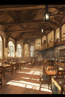 interior of a dnd tavern with people at round tables