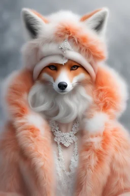 cute anthropomorphic fox, elegant filigree jewelry, chic peach-tangerine-white fur coat, hat, fluffy fox ears, snow, hyperdetalization, hyperrealism, delicate, modern, lace, smoke, fog