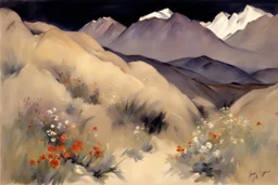 Landscape with night, mountains, flowers, rocks, john singer sargent paintings