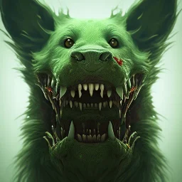 Dog, monster, green, horror, teeth, gore, blood, masterpiece, expert, 8K, hyperrealism, sharp focus, cinematic lighting