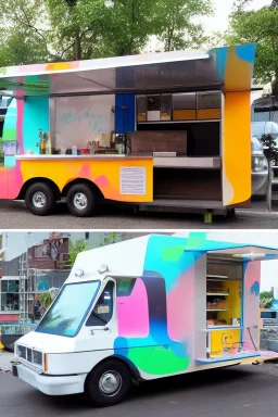 modern looking food truck that has a bunch of bright paint and flashy lights