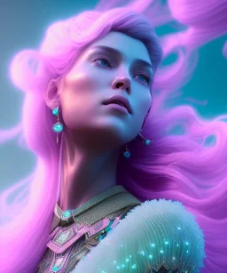 A portrait of a crystalised goddess, atmospheric, realistic, unreal engine, cinematic lighting, octane render, transorent, pink turquoise light