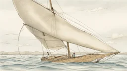 in the childish style of a 5 year old with scratchy penwork, a basic sloop, floating on water with the sail full of wind. Off to the side, the same boat mast is depicted, this time with the sail raised and tied up