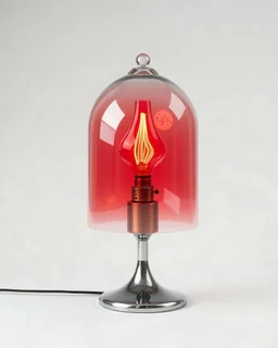 a lamp on a metal base under a glass dome in the form of a glass, inside a lamp of unusual shape