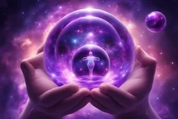 kundalini, connected to the universe, purple galaxy, holding universes in glass balls in hands