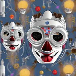 scientists at the computer in carnival masks. the masks are checkered.