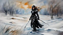 a warrior woman in black armor on the background of a cold snow-covered country, ice and crystal, frost and snow, oil and pastel, by Leonid Afremov & William Kentridge & Anna Razumovskaya