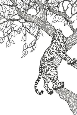 Outline art, leopard climbing a tree, cartoon style, low detail, --ar 9:11