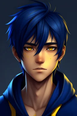 handsome young man with dark blue hair and yellow eyes anime realistic