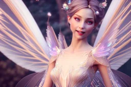 beautiful fairy very etheric, smiling, delicate colors, transparent wings, beautiful glamour dress, ultra sharp focus, 8k, unreal engine 5, extremely sharp detail, light effect, soft light atmosphere, smooth, full of details